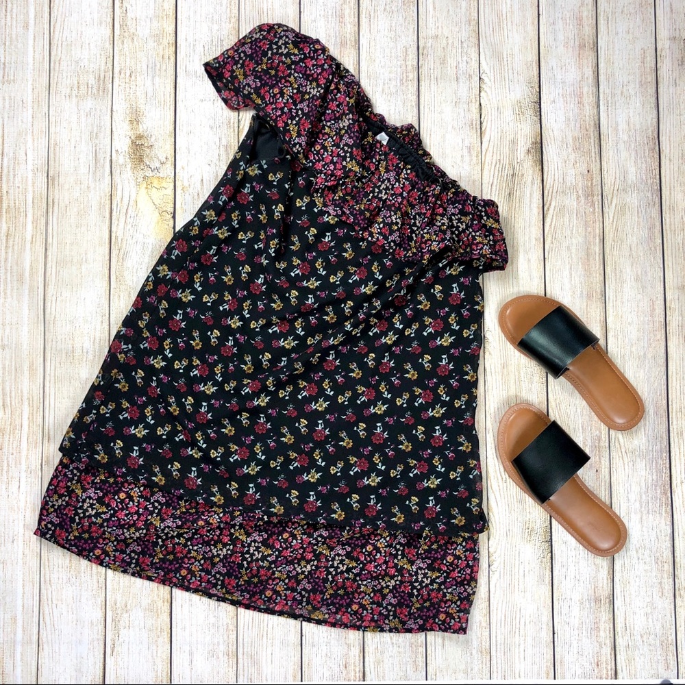 One-Shoulder Black Boho Ruffle Dress Floral Size M